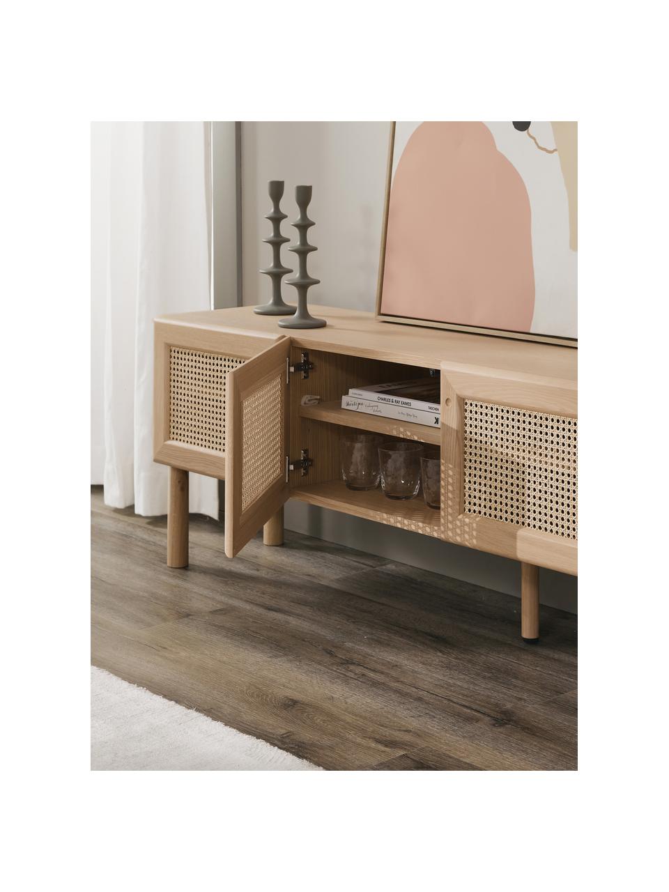 Aparador de roble con tejido vienés Jolie, Estructura: tablero de fibras de dens, Patas: madera de roble macizo, Madera de roble, beige, An 180 x Al 55 cm