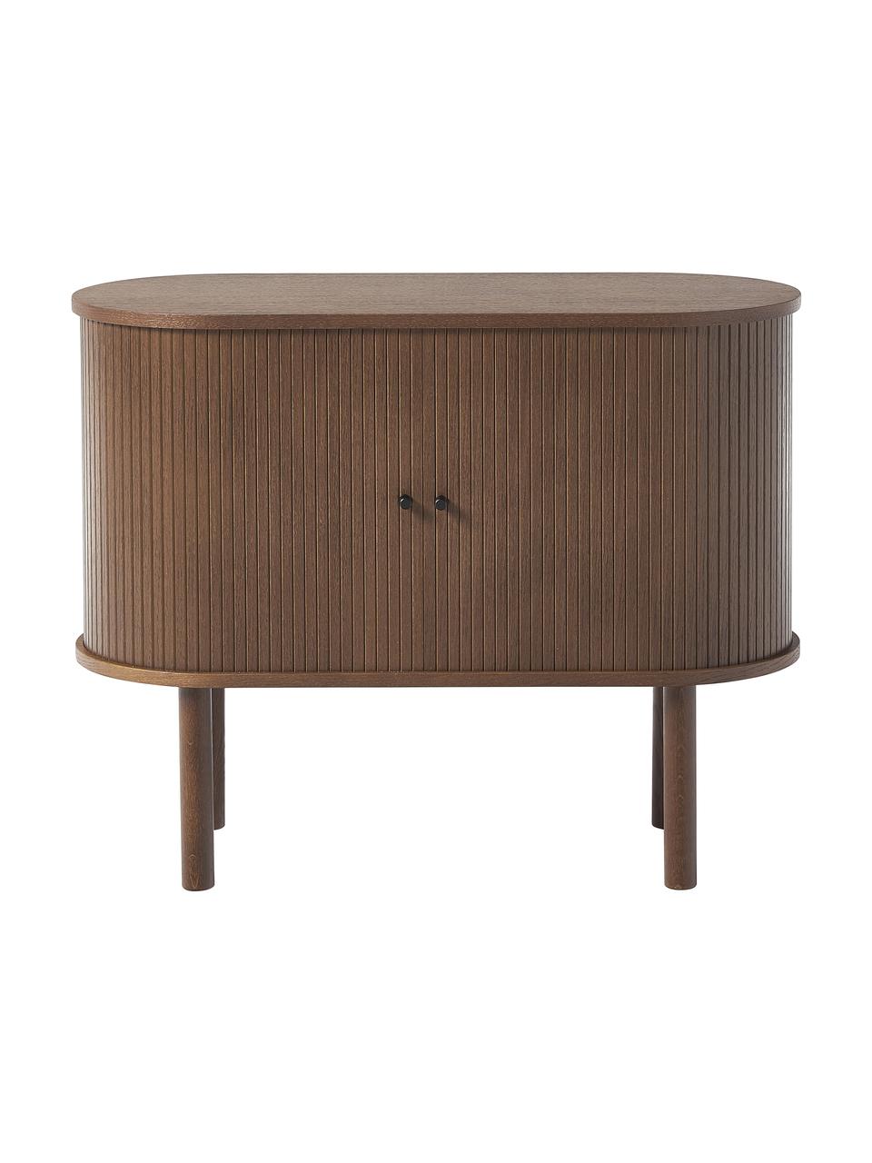 Credenza piccola con frontale scanalato Calary, Gambe: legno massiccio di querci, Legno, effetto noce, Larg. 95 x Alt. 77 cm