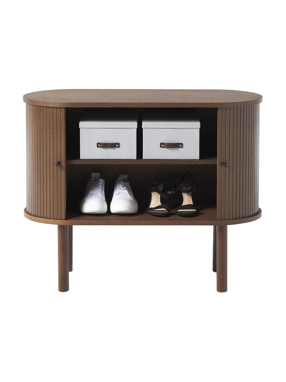 Kleines Sideboard Calary mit geriffelter Front, Korpus: Mitteldichte Holzfaserpla, Beine: Massives Eichenholz, FSC-, Walnussholz-Optik, B 95 x H 77 cm
