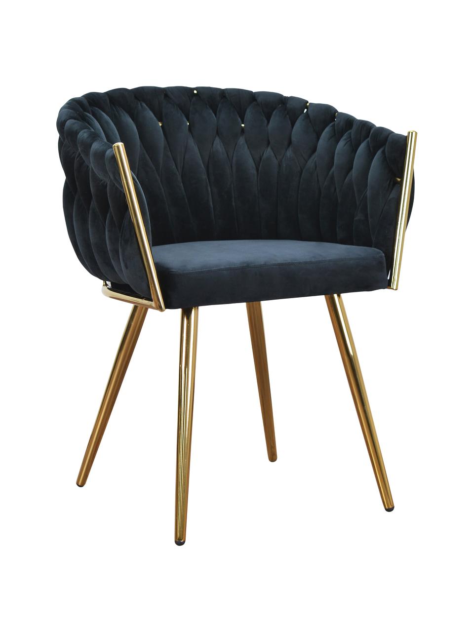 Krzesło z podłokietnikami z aksamitu Larissa, Tapicerka: aksamit (100% poliester), Nogi: metal, Aksamitny czarny, nogi: odcienie złotego, S 63 x G 55 cm