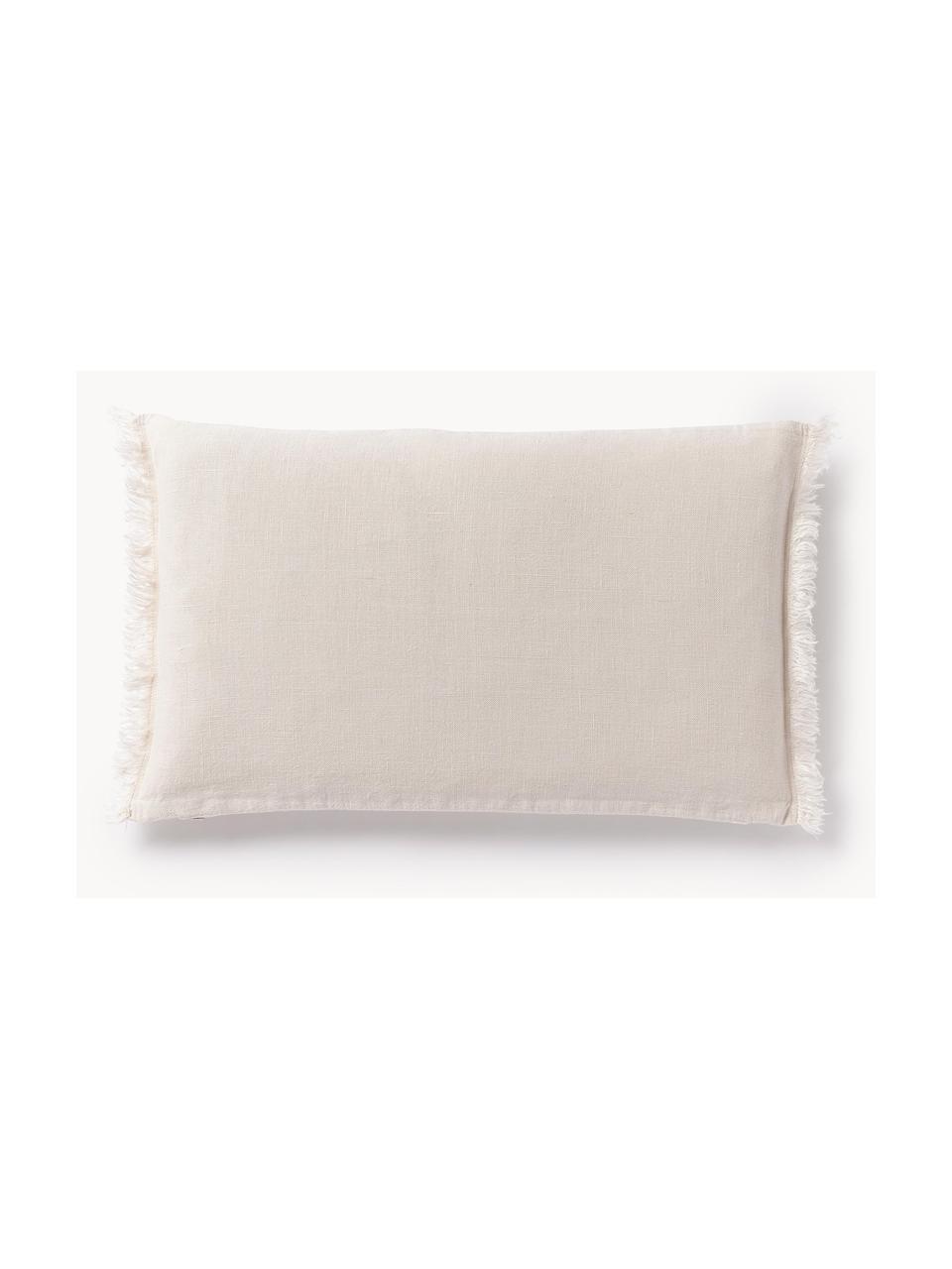 Funda de cojín de lino con flecos Luana, 100% lino 

El lino tiene naturalmente un tacto áspero y un aspecto arrugado natural. La alta resistencia al desgarro hace que el lino sea resistente a la abrasión y duradero., Blanco crema, An 30 x L 50 cm