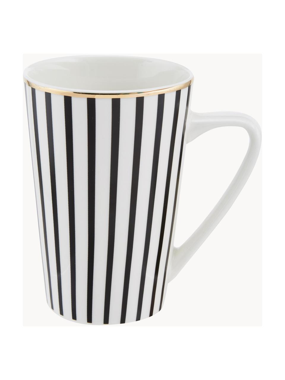 Tazas grandes Pluto Loft, 4 uds., Porcelana, Negro y blanco con borde dorado, Ø 9 x Al 13 cm, 430 ml