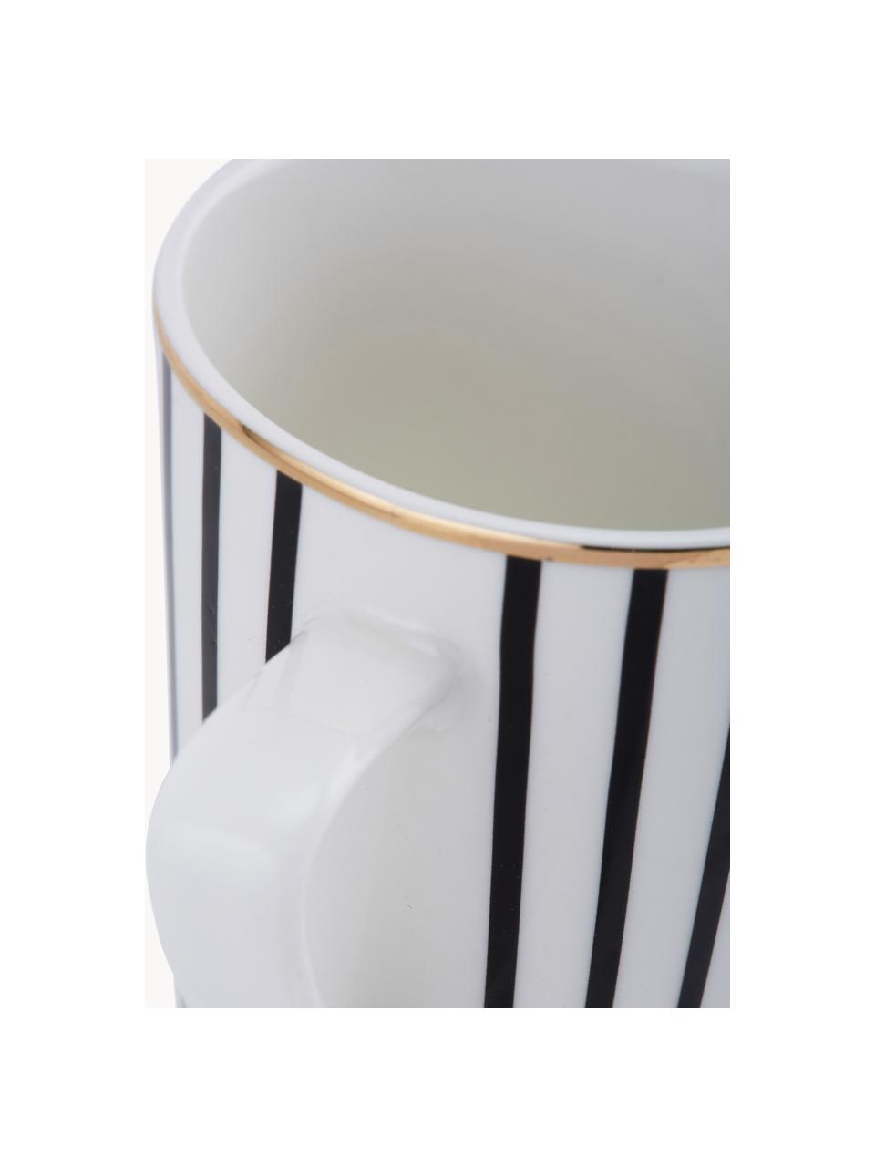 Tasses XL en porcelaine Pluto Loft, 4 pièces, Porcelaine, Noir, blanc avec bordure dorée, Ø 9 x haut. 13 cm, 430 ml