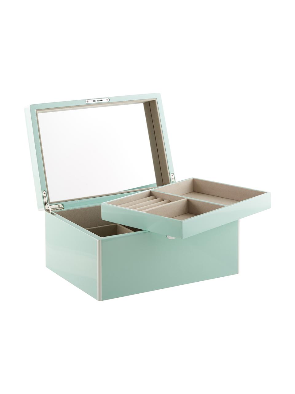 Sieradendoos Juliana met spiegel, Doos: gecoat MDF, Onderzijde: fluweel om het meubilair , Turquoise met witte rand, 31 x 23 cm