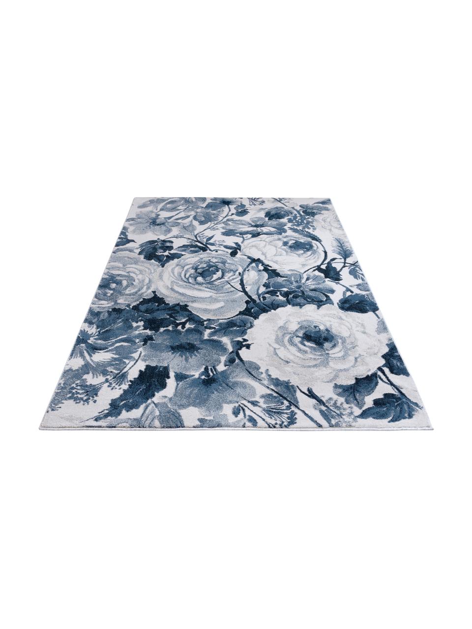 Vloerkleed Peony met bloemmotief, 100% polypropyleen, Blauw, crèmekleurig, B 200 x L 290 cm (maat L)