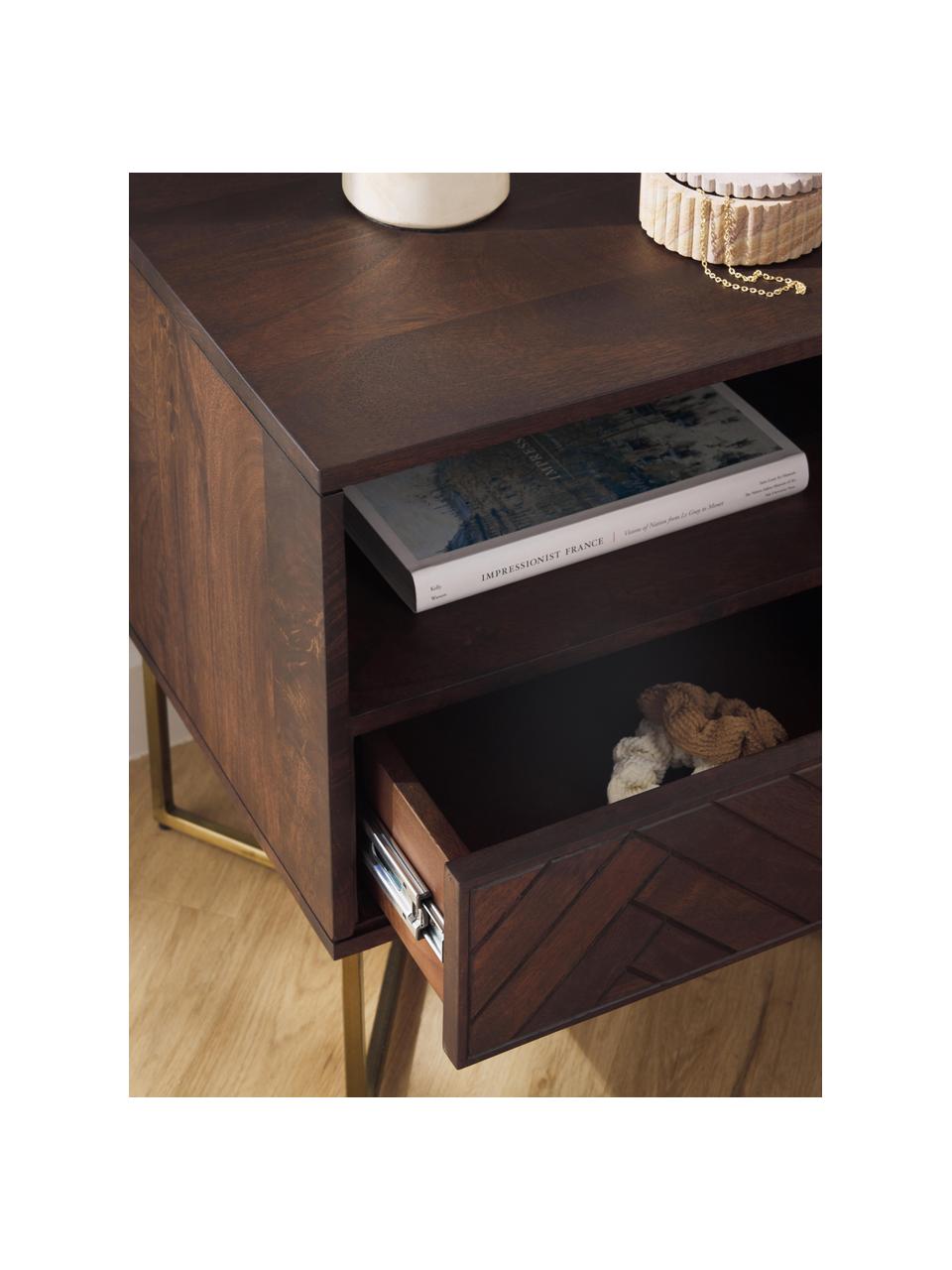 Mesilla de noche de madera de mango maciza Luca, con cajón, Patas: metal recubierto, Madera de mango, dorado, An 45 x Al 57 cm