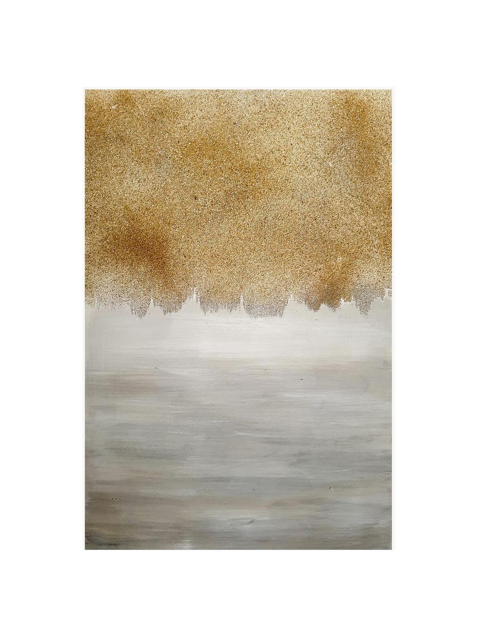 Tableau sur toile peint à la main Sandy Abstract, Tons gris, couleur dorée, larg. 84 x long. 120 cm