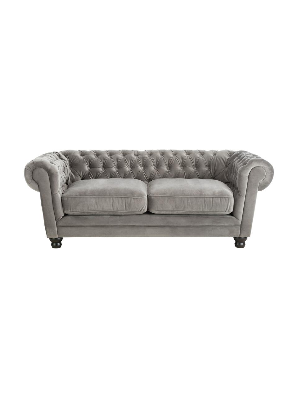 Divano Chesterfield 3 posti in velluto grigio Sally, Rivestimento: 100% poliestere, Piedini: legno massiccio; legno di, Struttura: base in legno, Velluto grigio, Larg. 203 x Alt. 79 cm