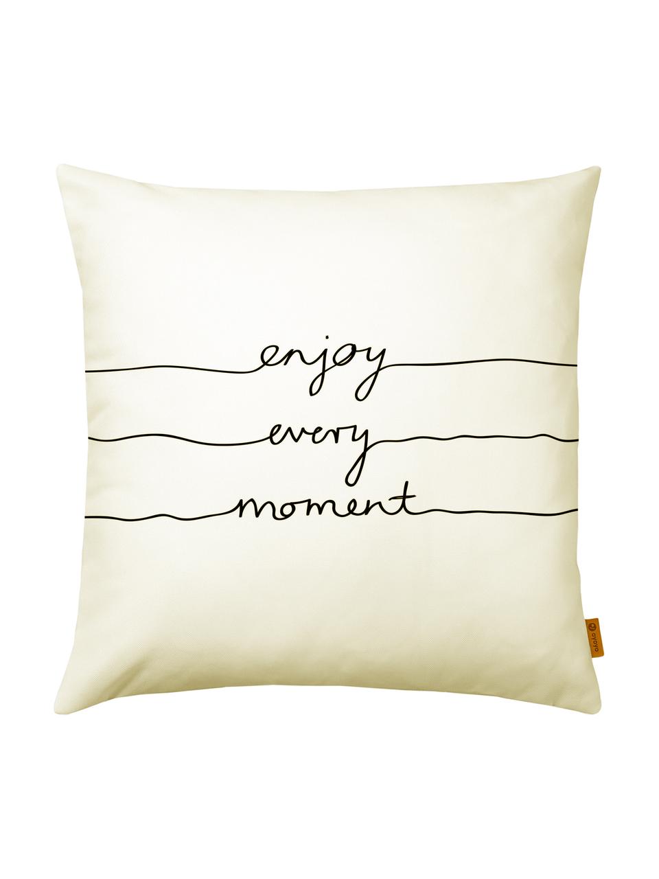 Funda de cojín Enjoy Every Moment, Poliéster, Blanco crema, negro, An 50 x L 50 cm