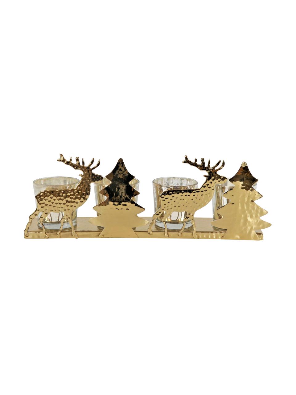 Bote portavelas Deer, Estructura: metal recubierto, Portavelas: vidrio, Dorado, transparente, An 31 x F 11 cm