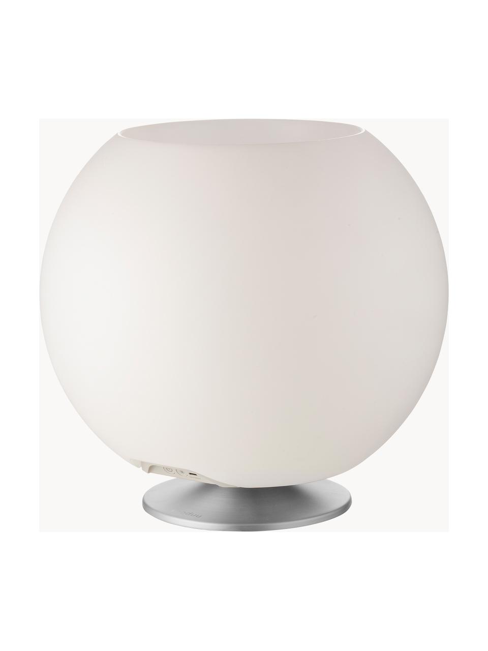 Lampada da tavolo LED con luce regolabile e altoparlante Bluetooth Sphere, Paralume: polietilene, Struttura: metallo rivestito, Bianco, argentato, Ø 38 x Alt. 36 cm