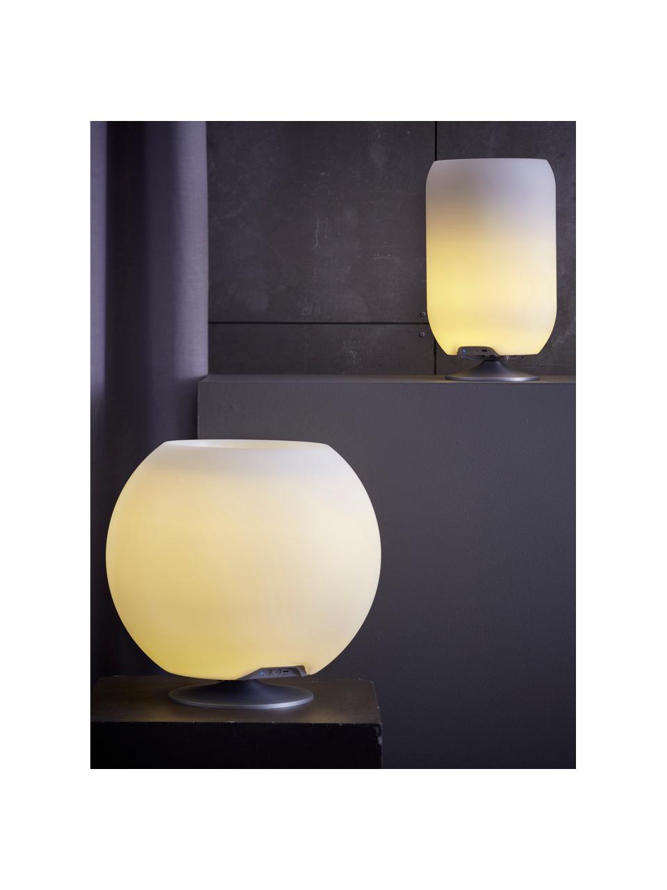 Dimbare LED tafellamp Sphere met Bluetooth-luidspreker en flessenkoeler, Lampenkap: polyethyleen, Wit, zilverkleurig, Ø 38 x H 36 cm