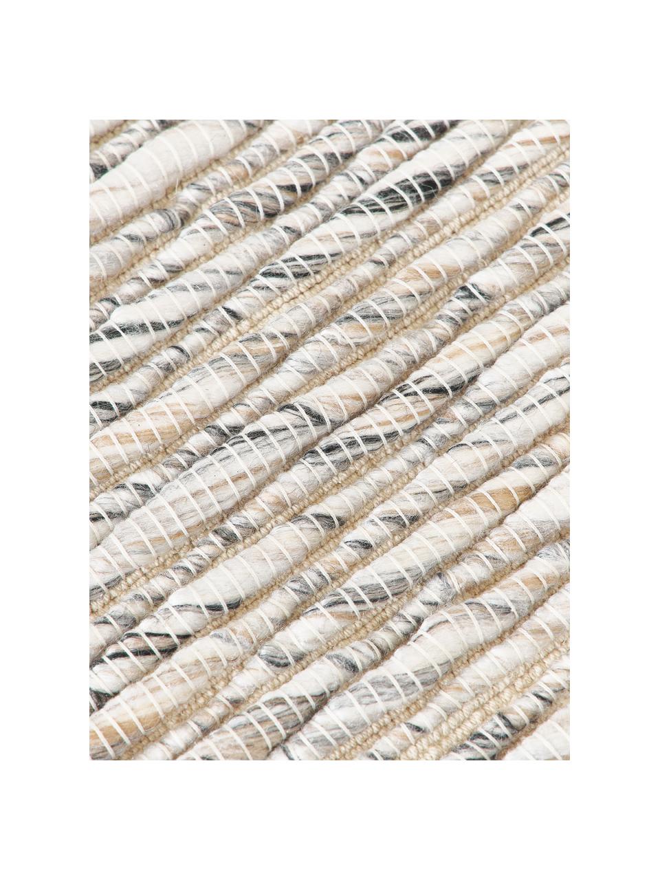 Flachgewebter Teppich Bunko mit Fransen in Cremeweiß/Beige/Grau, 86 % recyceltes Polyester, 14 % Baumwolle, Cremeweiß, Beige, Grau, B 80 x L 150 cm (Größe XS)