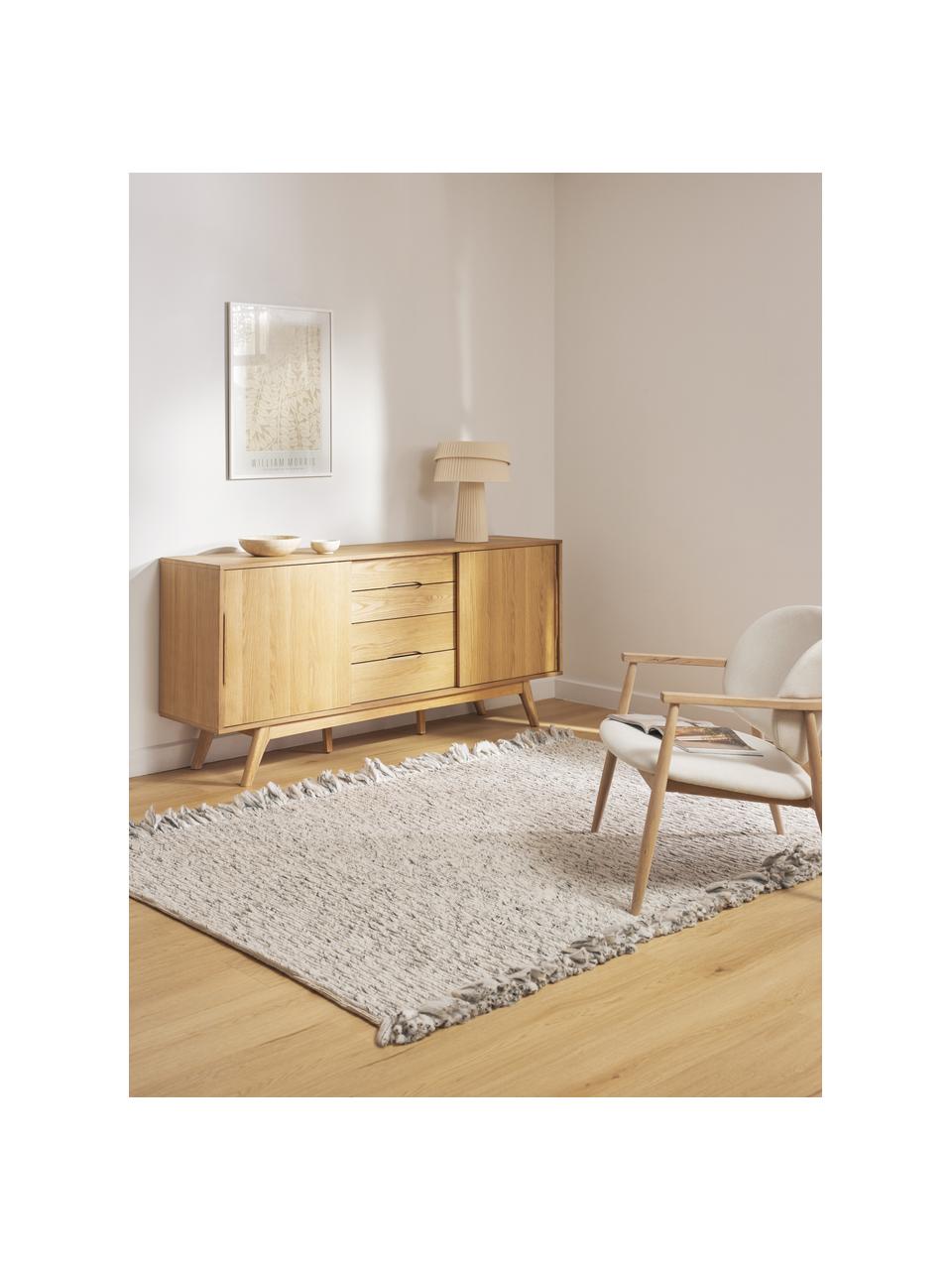 Vlak geweven vloerkleed Bunko met franjes, 86% gerecycled polyester, 14% katoen, Beige, gevlekt, B 80 x L 150 cm (maat XS)