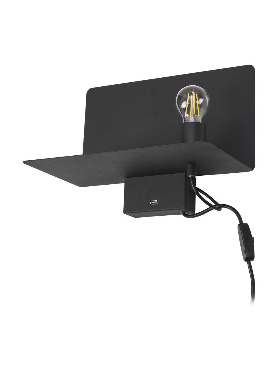 Aplique regulable con repisa y conexión USB Rack, Lámpara: metal recubierto, Cable: plástico, Negro, An 35 x F 20 cm
