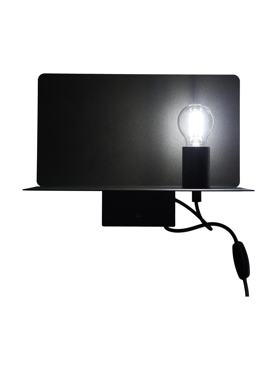 Dimbare wandlamp Rack in zwart met plank en USB aansluiting, Frame: gecoat metaal, Zwart, B 35 x D 20 cm