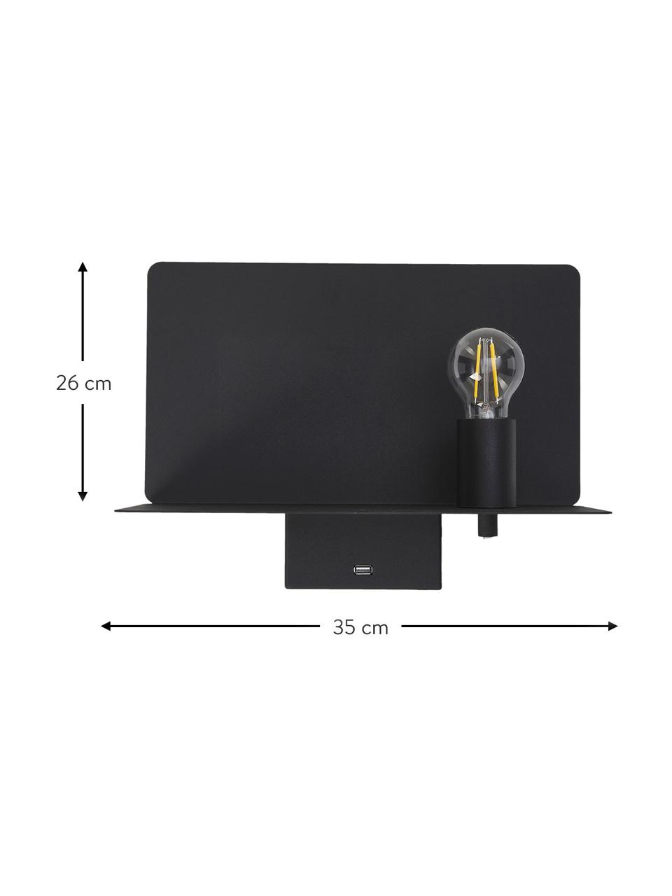 Applique nera dimmerabile con ripiano e connessione USB Rack, Lampada: metallo rivestito, Nero, Larg. 35 x Prof. 20 cm