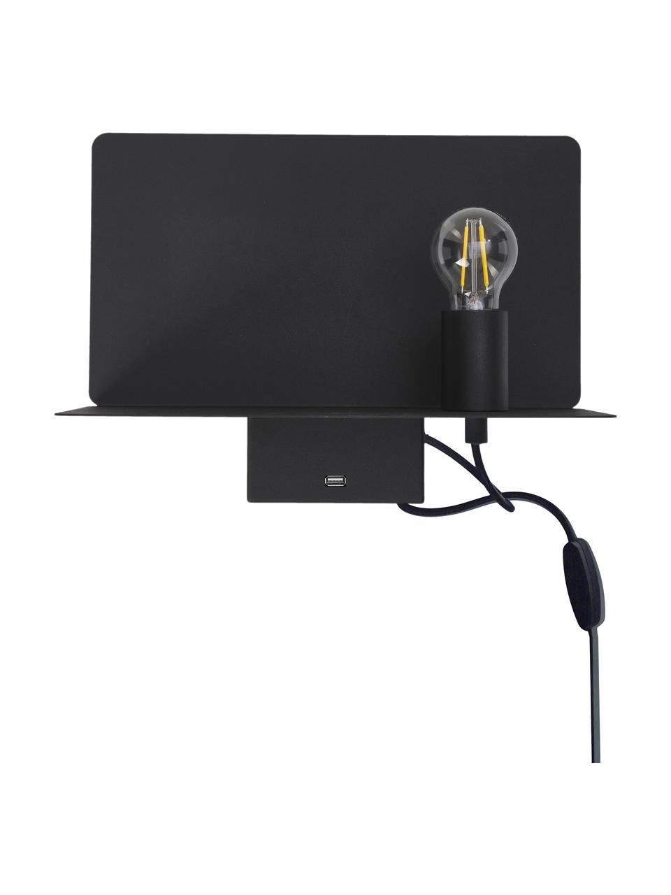 Dimbare wandlamp Rack in zwart met plank en USB aansluiting, Frame: gecoat metaal, Zwart, B 35 x D 20 cm