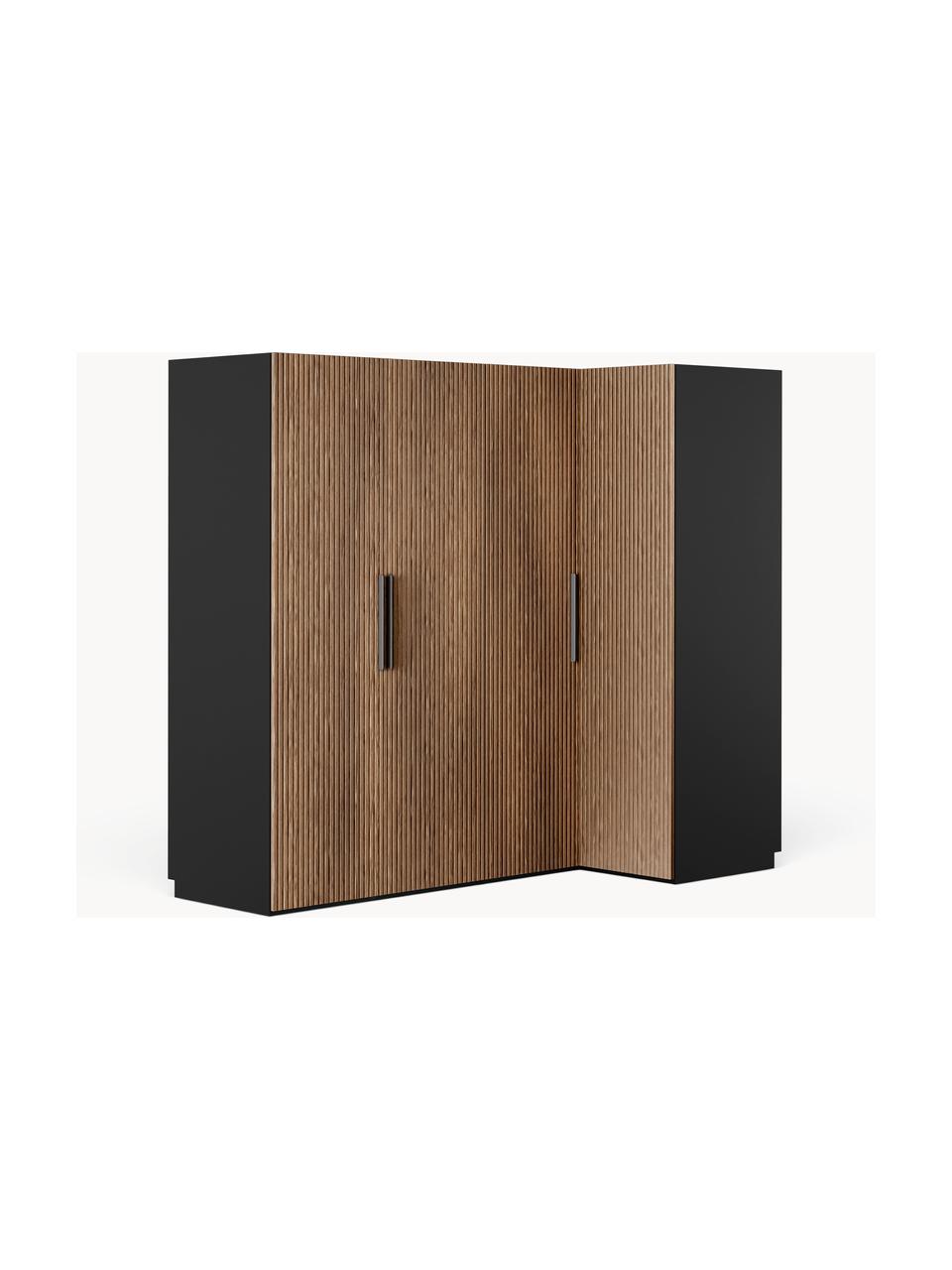 Modularer Eck-Kleiderschrank Simone, 215 cm Breite, mehrere Varianten, Korpus: Spanplatte, melaminbeschi, Walnussholz-Optik, Schwarz, Basic Interior, B 215 x H 200 cm, mit Eckmodul