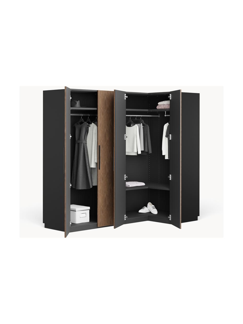 Armoire d'angle modulaire Simone, larg. 215 cm, plusieurs variantes, Aspect bois de noyer, noir, Basic Interior : larg. 215 x haut. 200 cm, avec module d'angle