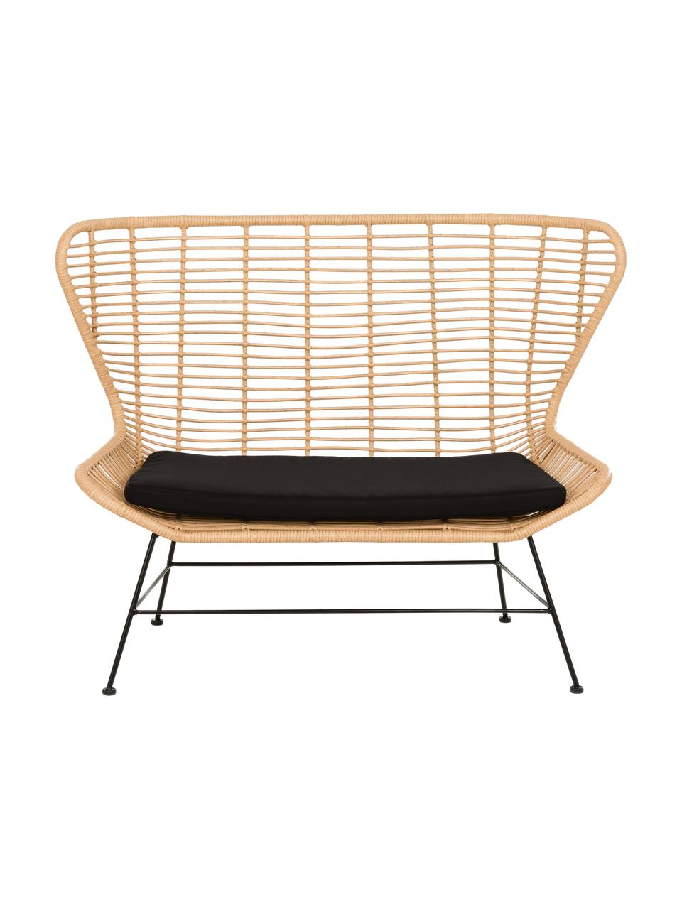 Banquette en polyrotin Costa, Brun clair, tissu noir, larg. 137 x haut. 105 cm