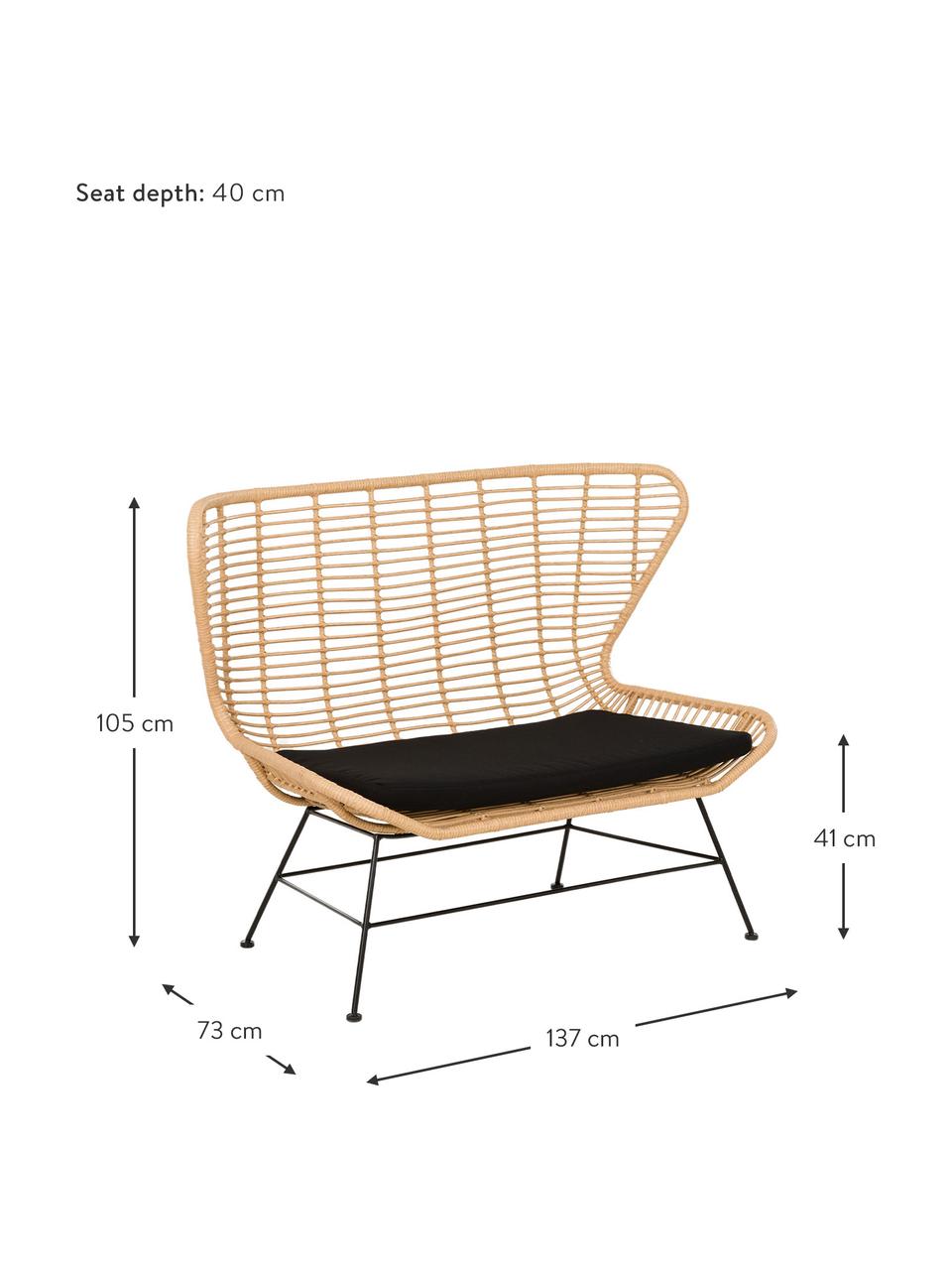 Polyrattan-Sitzbank Costa, Sitzfläche: Polyethylen-Geflecht, Gestell: Metall, pulverbeschichtet, Hellbraun, B 137 x H 105 cm