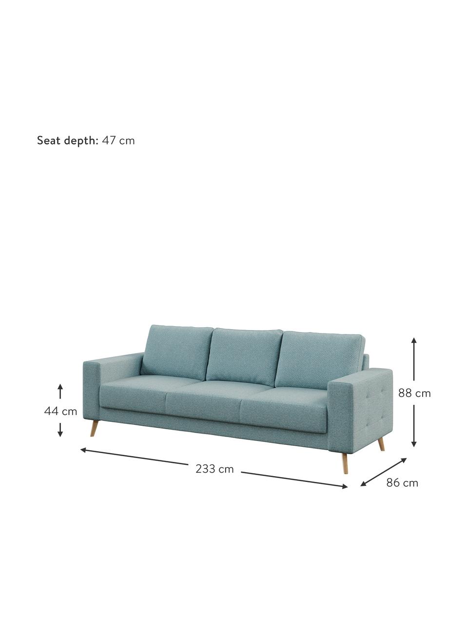 Sofa Fynn (3-osobowa), Tapicerka: 100% poliester z uczuciem, Stelaż: drewno liściaste, drewno , Nogi: drewno lakierowane Dzięki, Jasny niebieski, S 233 x G 86 cm