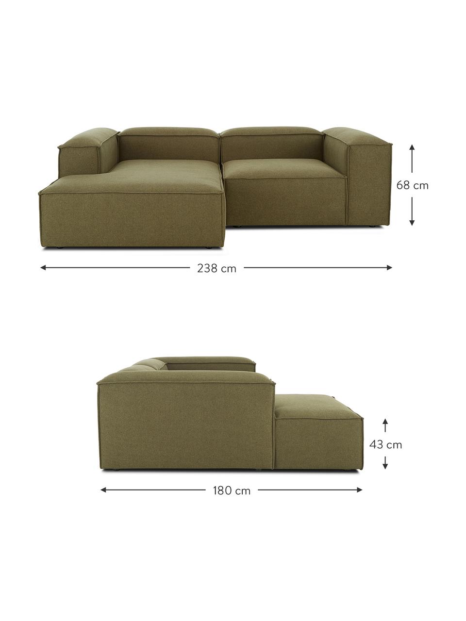 Modulaire hoekbank Lennon, Bekleding: 100% polyester De slijtva, Frame: massief grenenhout, FSC-g, Poten: kunststof, Geweven stof groen, B 238 x D 180 cm, hoekdeel rechts