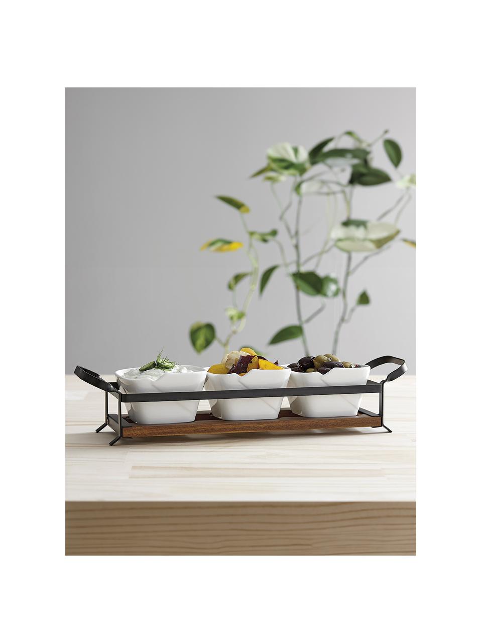 Serveerset Serve & Share van porselein, 4-delig, Schaal: porselein, Frame: hout, Wit, zwart, B 42 x H 12 cm