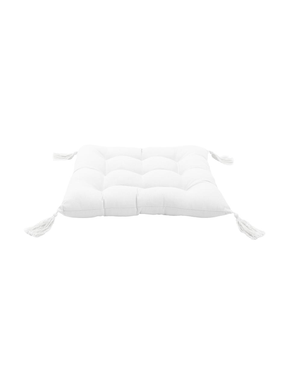 Cuscino sedia in cotone bianco con nappe Ava, Rivestimento: 100% cotone, Bianco, Larg. 40 x Lung. 40 cm