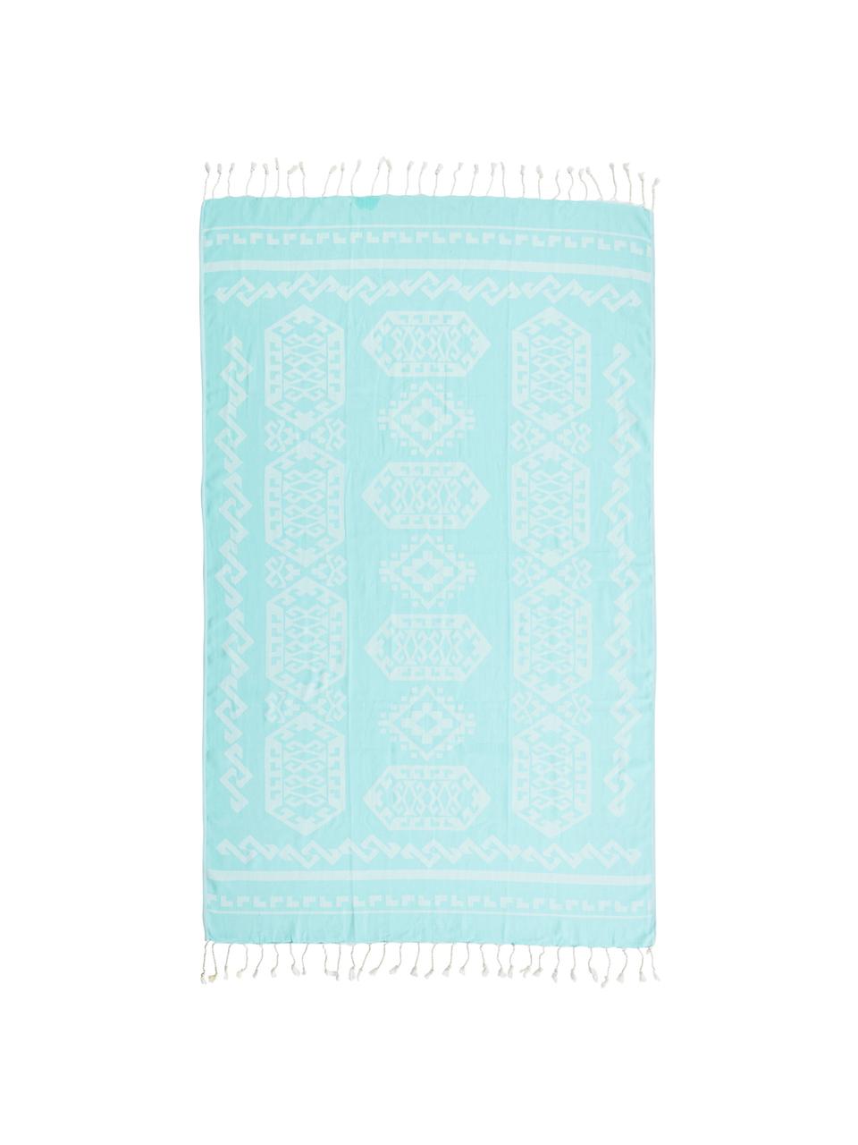 Fouta imprimé ethno Caya, Turquoise, blanc