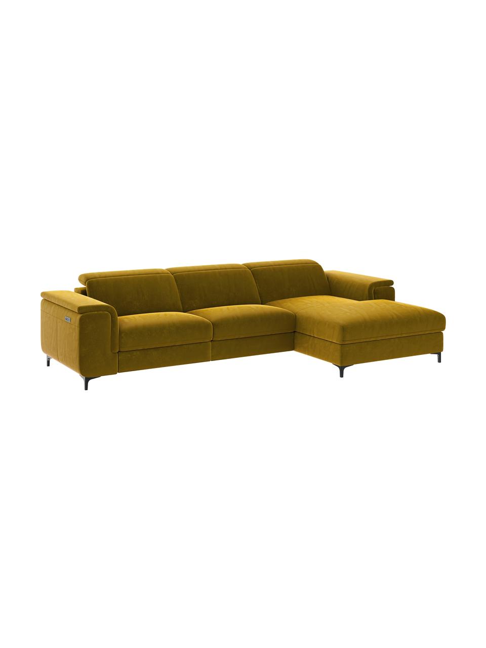 Divano angolare in velluto giallo senape con funzione relax Brito, Rivestimento: 100% velluto di poliester, Sottostruttura: compensato, legno di fagg, Giallo senape, Larg. 300 x Prof. 170 cm