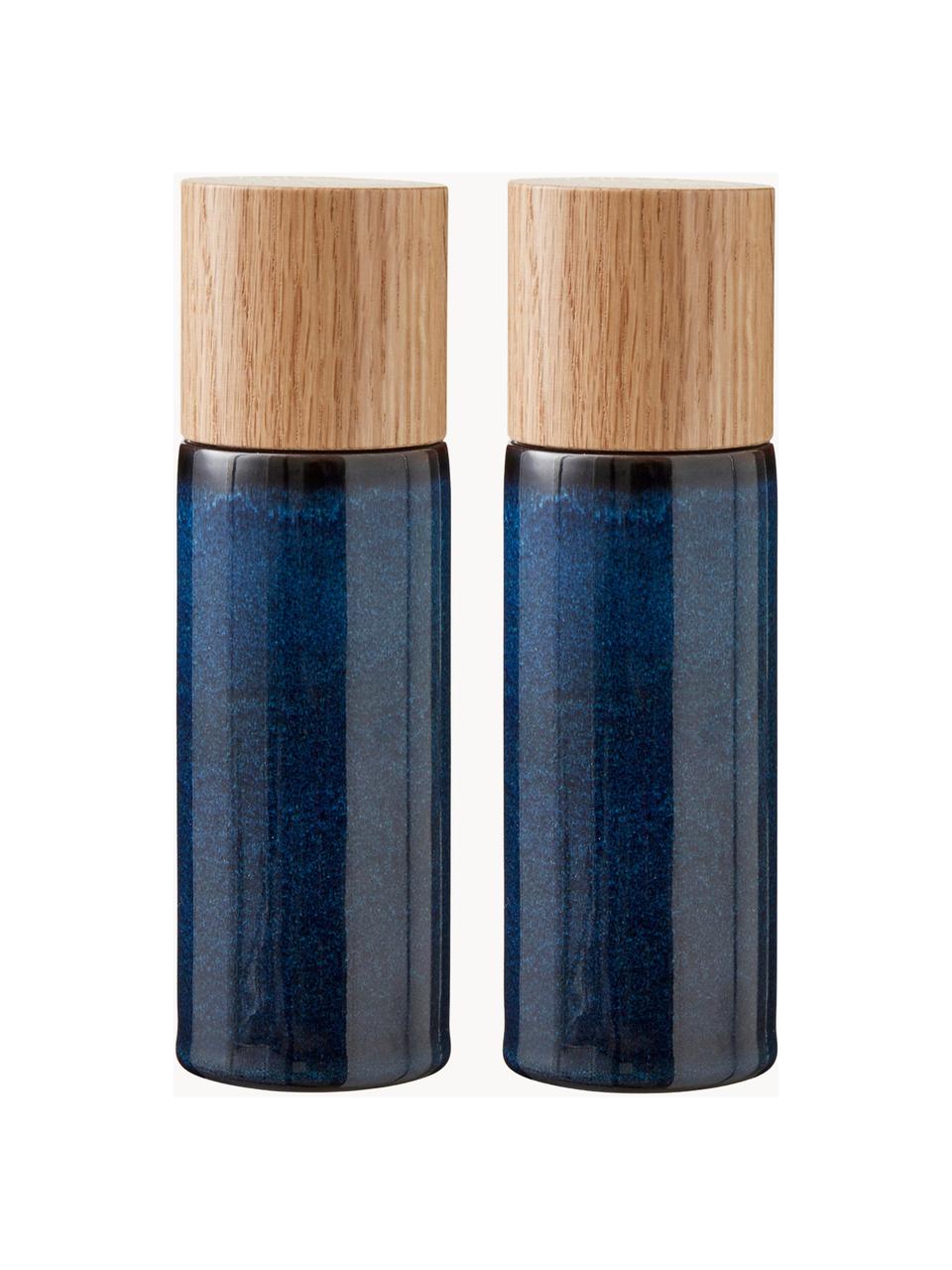 Salero y pimientero Bizz, 2 pzas., Recipiente: gres, Grinder: cerámica, Azul oscuro, madera de roble, Ø 5 x Al 17 cm