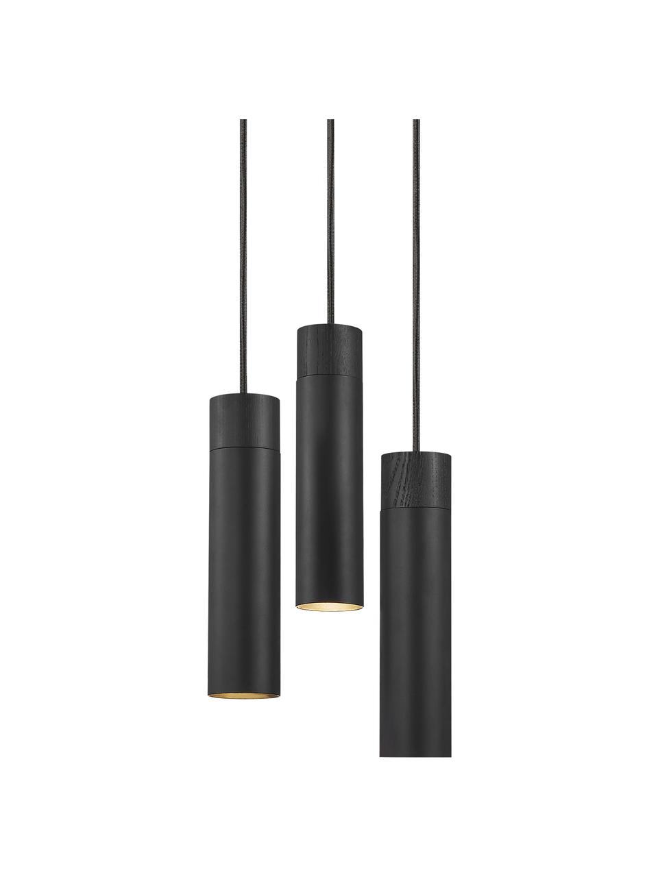 Kleine cluster hanglamp Tilo in zwart-goudkleur met houten decoratie, Lampenkap: gecoat metaal, Decoratie: hout, Baldakijn: gecoat metaal, Zwart, Ø 22 x H 25 cm