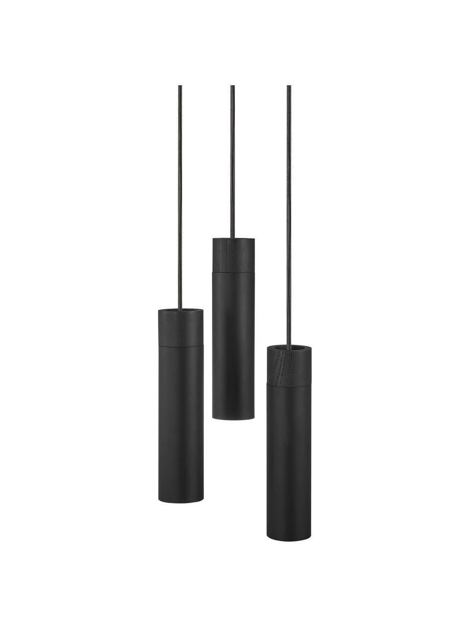 Kleine cluster hanglamp Tilo, Lampenkap: gecoat metaal, Decoratie: hout, Baldakijn: gecoat metaal, Zwart, Ø 22 x H 25 cm