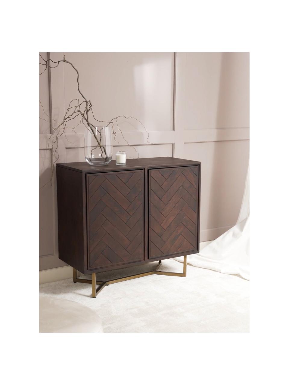 Enfilade en bois massif à motif chevrons Luca, Bois de manguier, couleur dorée, larg. 90 x haut. 83 cm