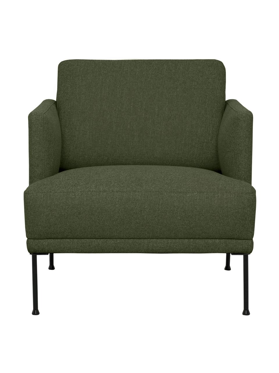Poltrona con piedini in metallo Fluente, Rivestimento: 100% poliestere Con 40.00, Struttura: legno di pino massiccio, , Piedini: metallo verniciato a polv, Tessuto verde scuro, Larg. 74 x Prof. 85 cm