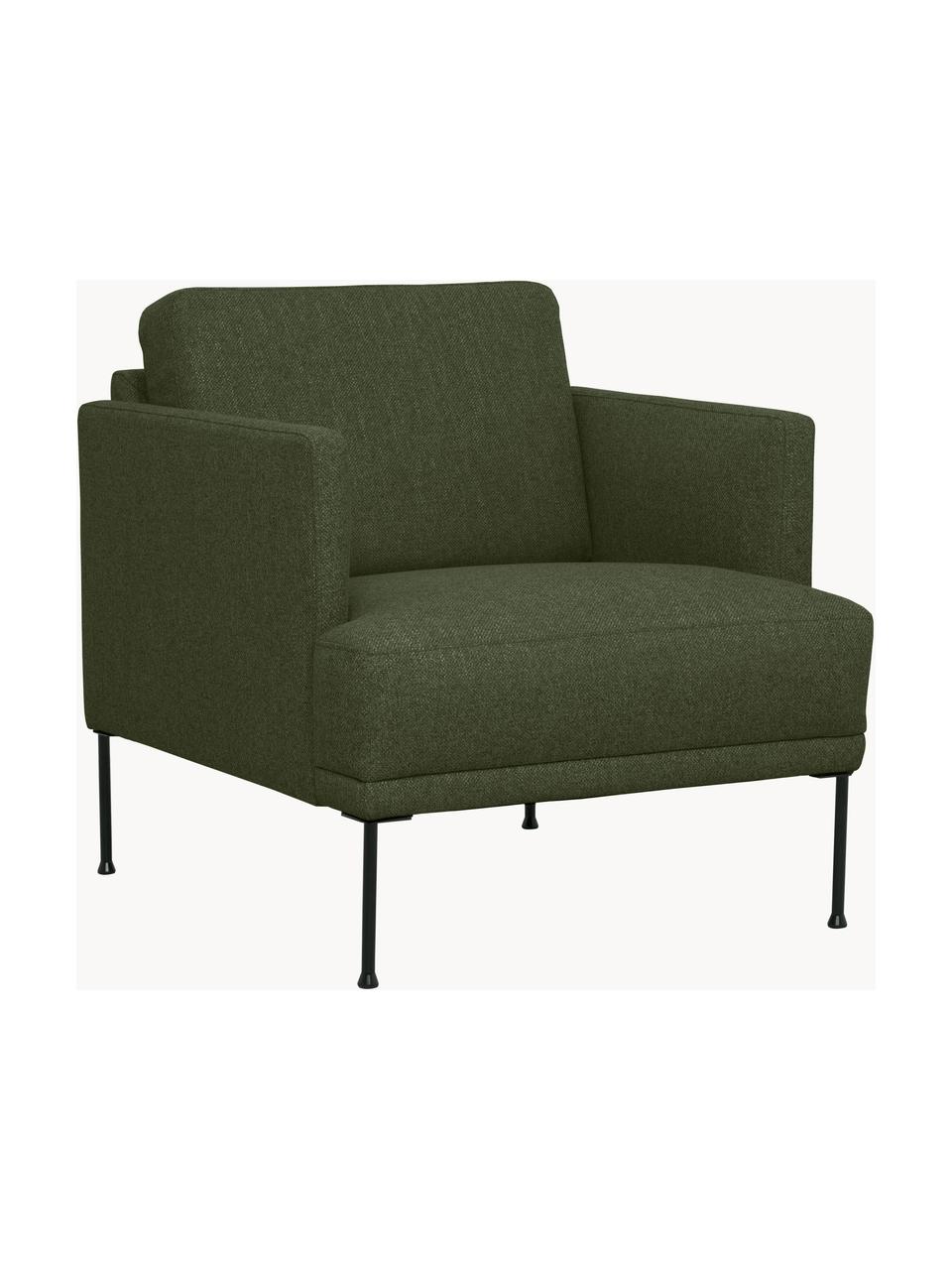 Fauteuil avec pieds en métal Fluente, Tissu vert foncé, larg. 74 x prof. 85 cm