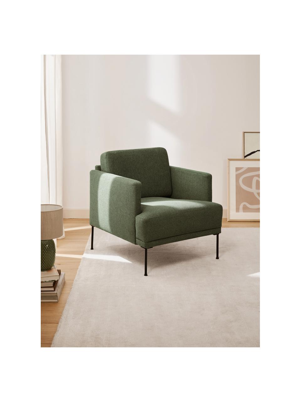 Poltrona con gambe in metallo Fluente, Rivestimento: 100% poliestere Con 40.00, Struttura: legno di pino massiccio, , Gambe: metallo verniciato a polv, Tessuto verde scuro, Larg. 74 x Prof. 85 cm