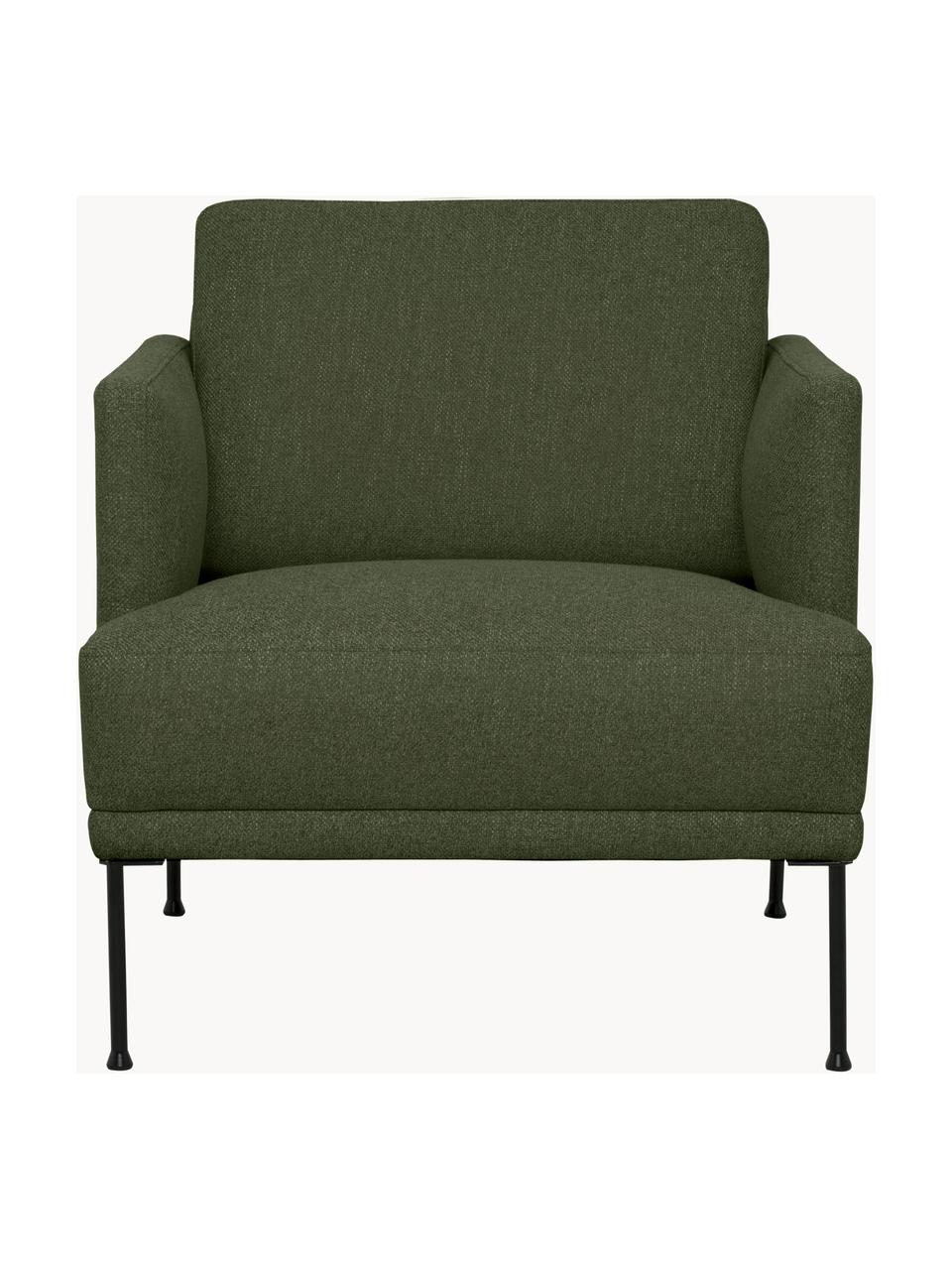 Fauteuil avec pieds en métal Fluente, Tissu vert foncé, larg. 74 x prof. 85 cm