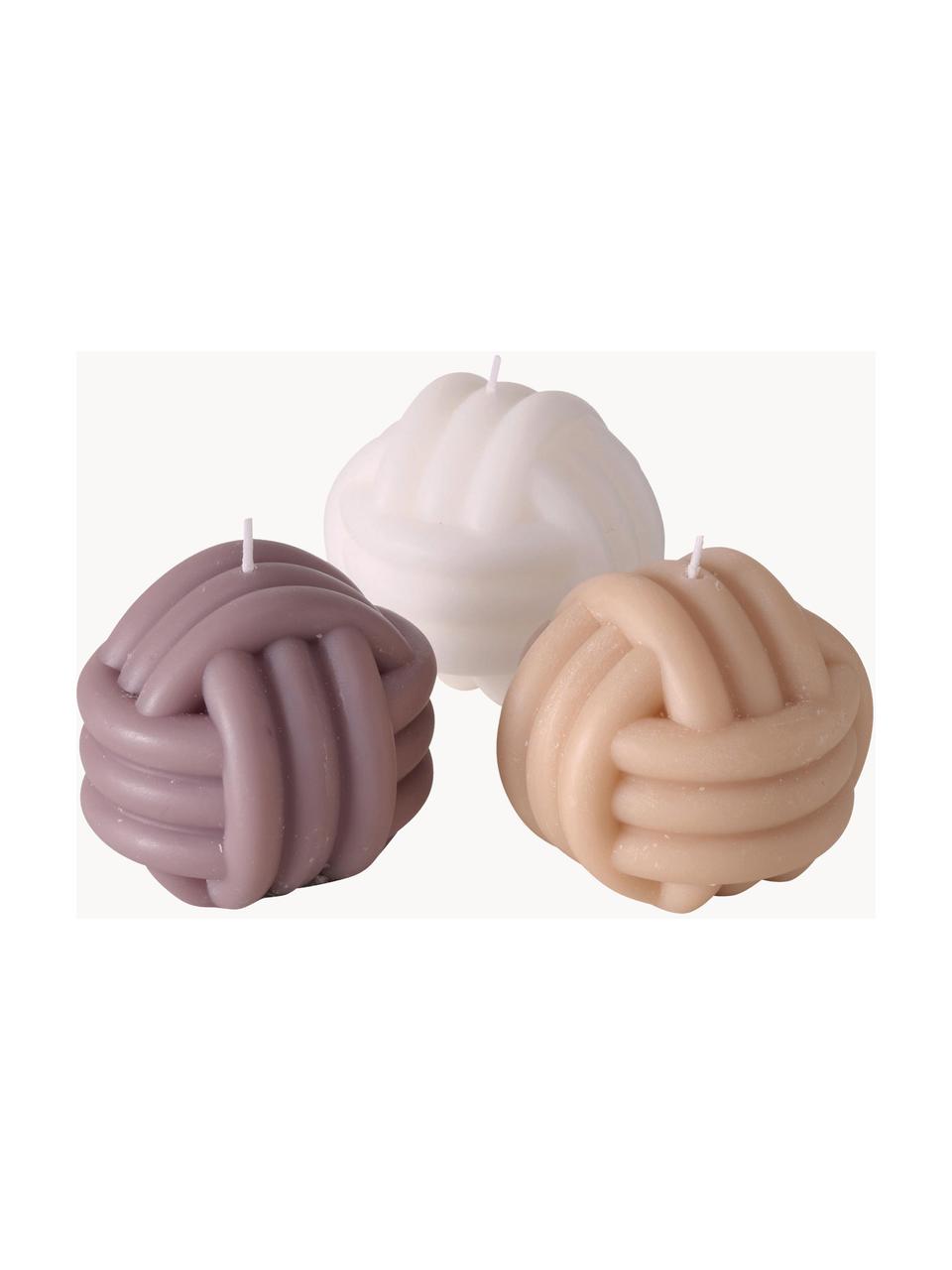 Set de velas Knot, 3 uds., Cera, Lila, melocotón, blanco, Ø 9 cm