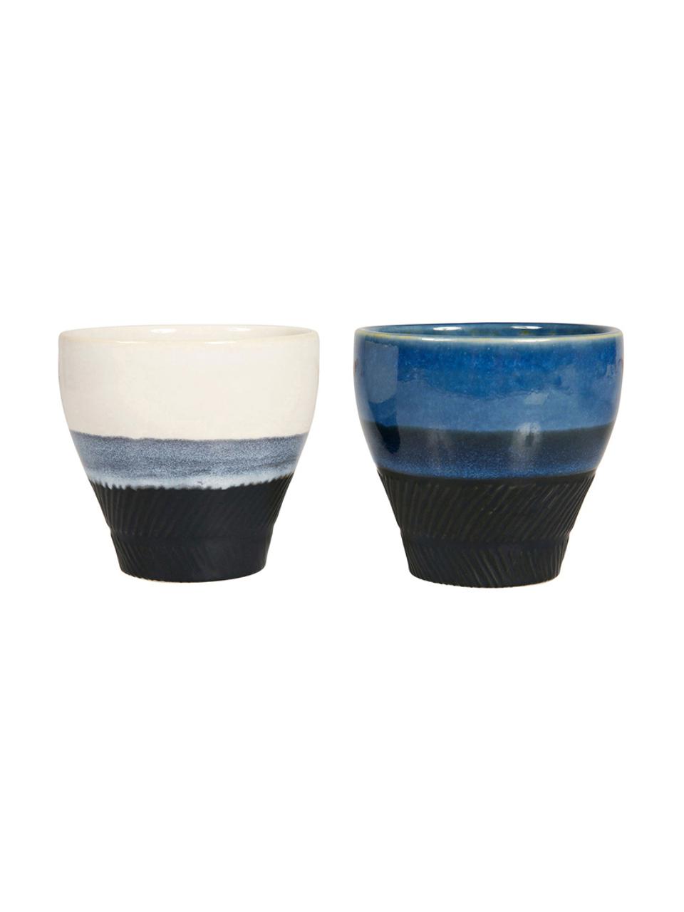 Grote espressokopjesset Ekume, 4-delig, Keramiek, Blauw, wit, zwart, Ø 8 x H 8 cm