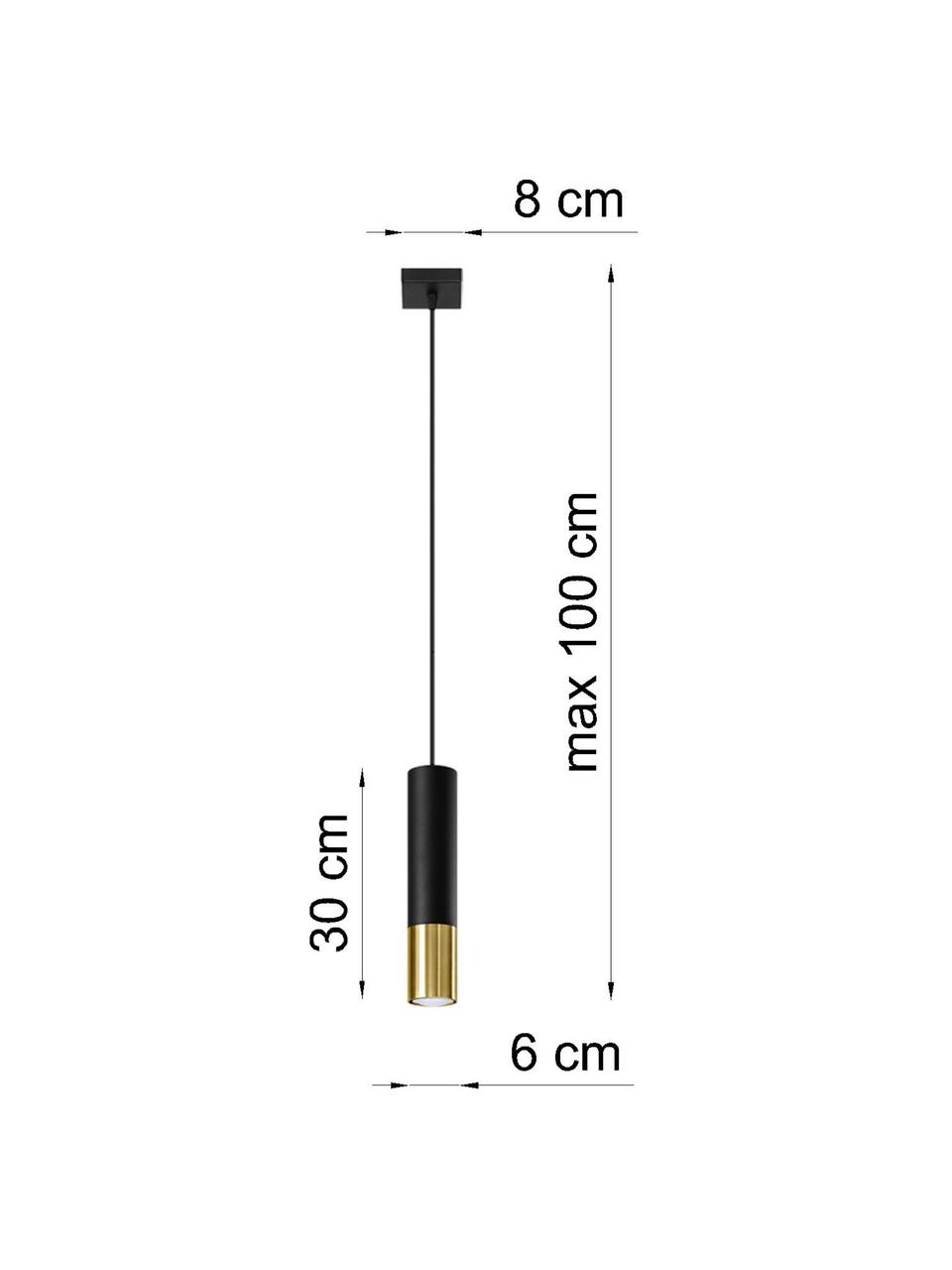 Kleine hanglamp Longbot in zwart-goudkleur, Lampenkap: gecoat staal, Baldakijn: gecoat staal, Frame: zwart gelakt eikenhout. Voet: goudkleurig, Ø 6 x H 30 cm