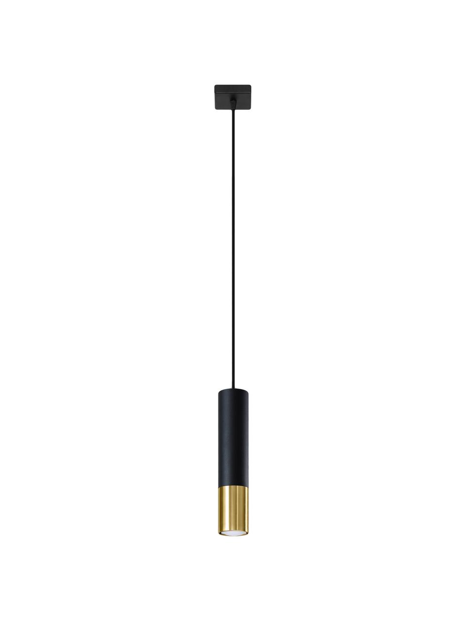 Lámpara de techo pequeña Longbot, Pantalla: acero recubierto, Anclaje: acero recubierto, Cable: plástico, Estructura: madera de roble, negro pintado Patas: dorado brillante cepillado, Ø 6 x Al 30 cm