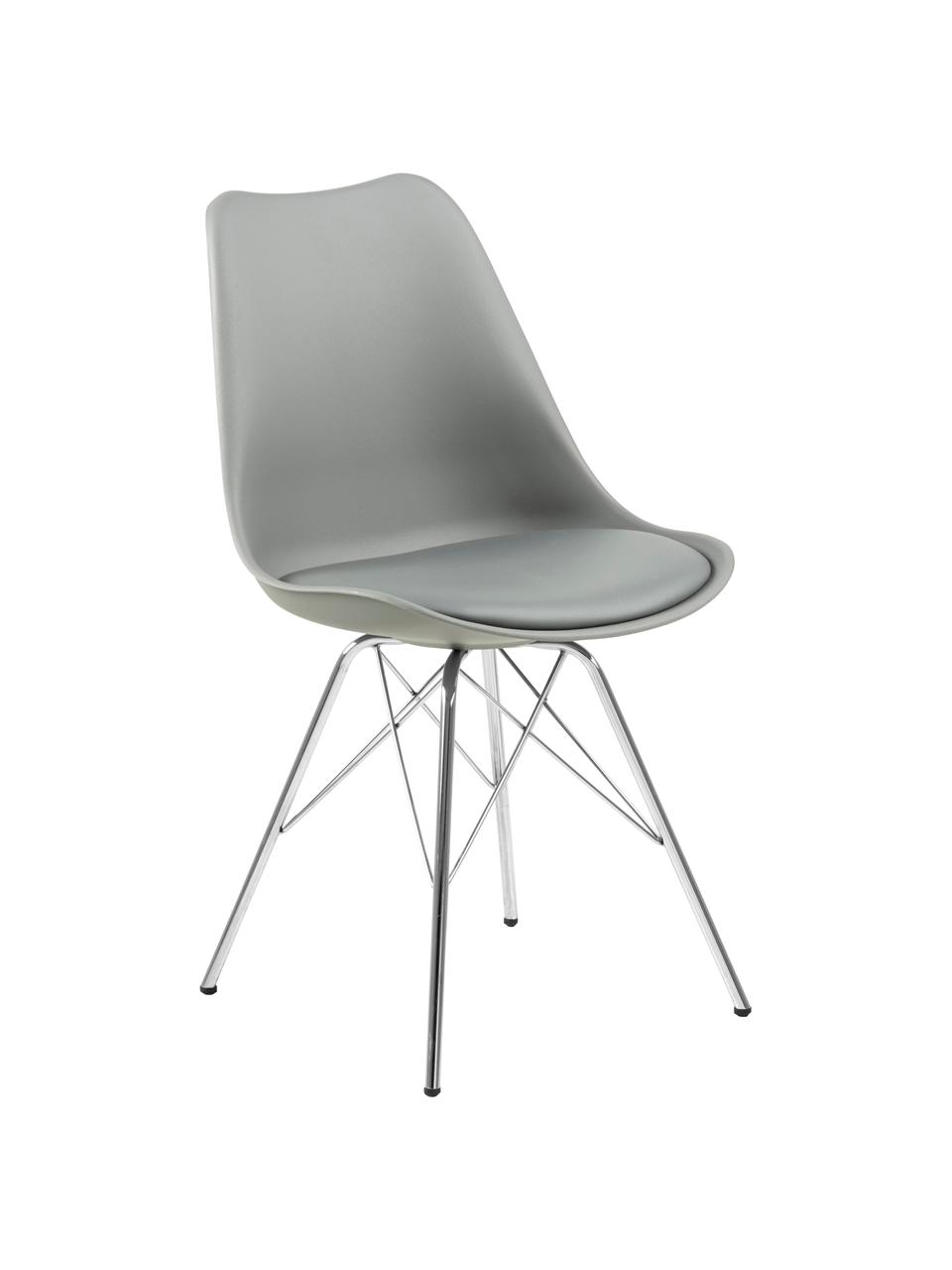 Kunststoffen stoelen Eris, 2 stuks, Zitvlak: kunststof, Zitvlak: kunstleer, Poten: verchroomd metaal, Grijs, poten chroomkleurig, B 49 x D 54 cm