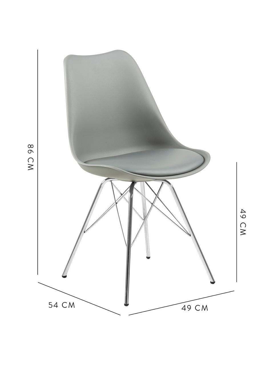 Kunststoffen stoelen Eris, 2 stuks, Zitvlak: kunststof, Zitvlak: kunstleer, Poten: verchroomd metaal, Grijs, poten chroomkleurig, B 49 x D 54 cm