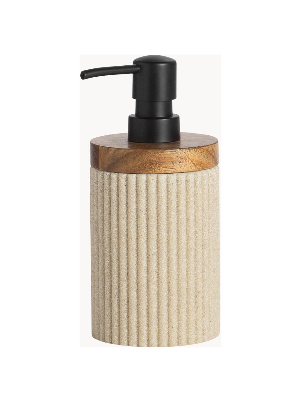 Dispenser sapone con dettaglio in legno Laura, Plastica, legno di acacia, Beige chiaro, legno d'acacia, Ø 8 x Alt. 18 cm