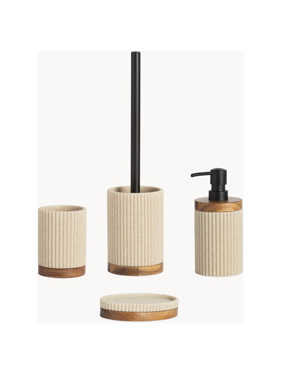Dispenser sapone con dettaglio in legno Laura, Plastica, legno di acacia, Beige chiaro, legno d'acacia, Ø 8 x Alt. 18 cm
