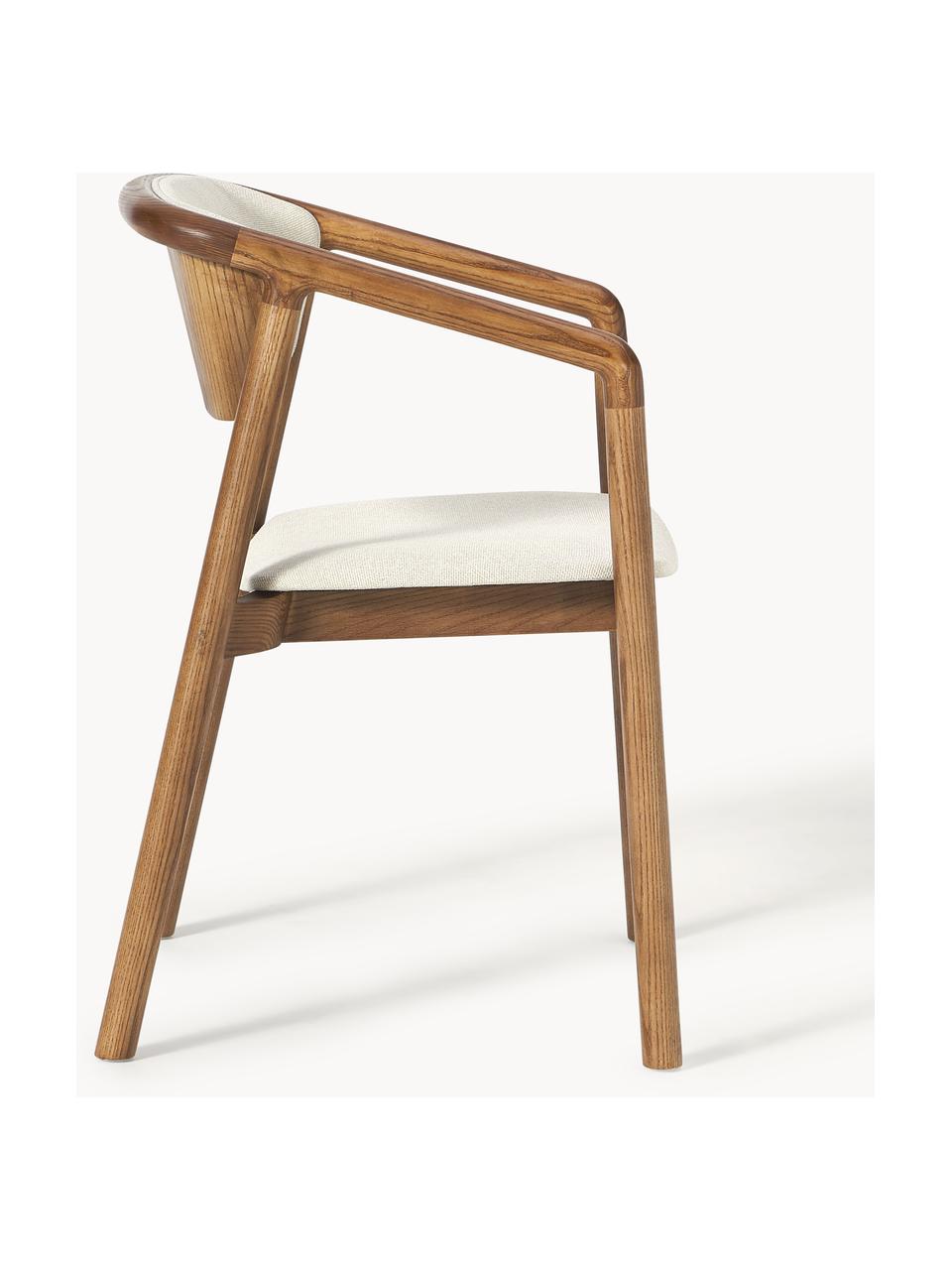 Chaise à accoudoirs avec assise rembourrée Gali, Blanc crème, bois de frêne foncé, larg. 56 x prof. 55 cm