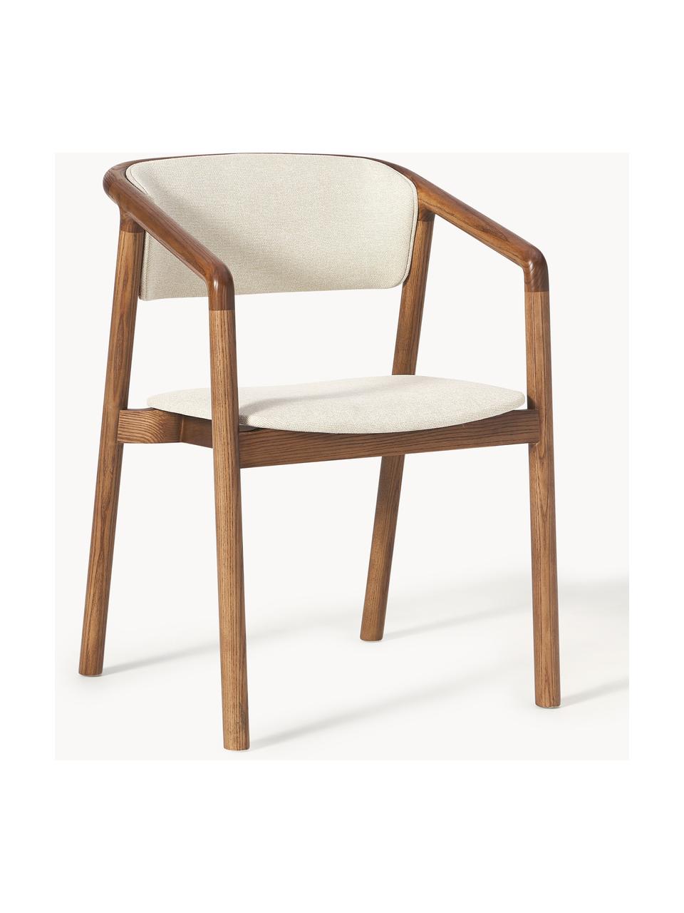 Chaise à accoudoirs avec assise rembourrée Gali, Blanc crème, bois de frêne foncé, larg. 56 x prof. 55 cm